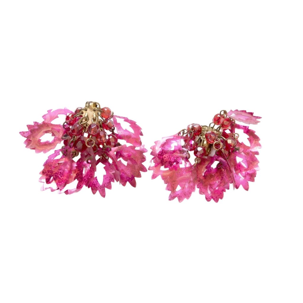 Neon Pink Cutout Dangling Cluster Unique Clip On Earrings Vintage Jewelry